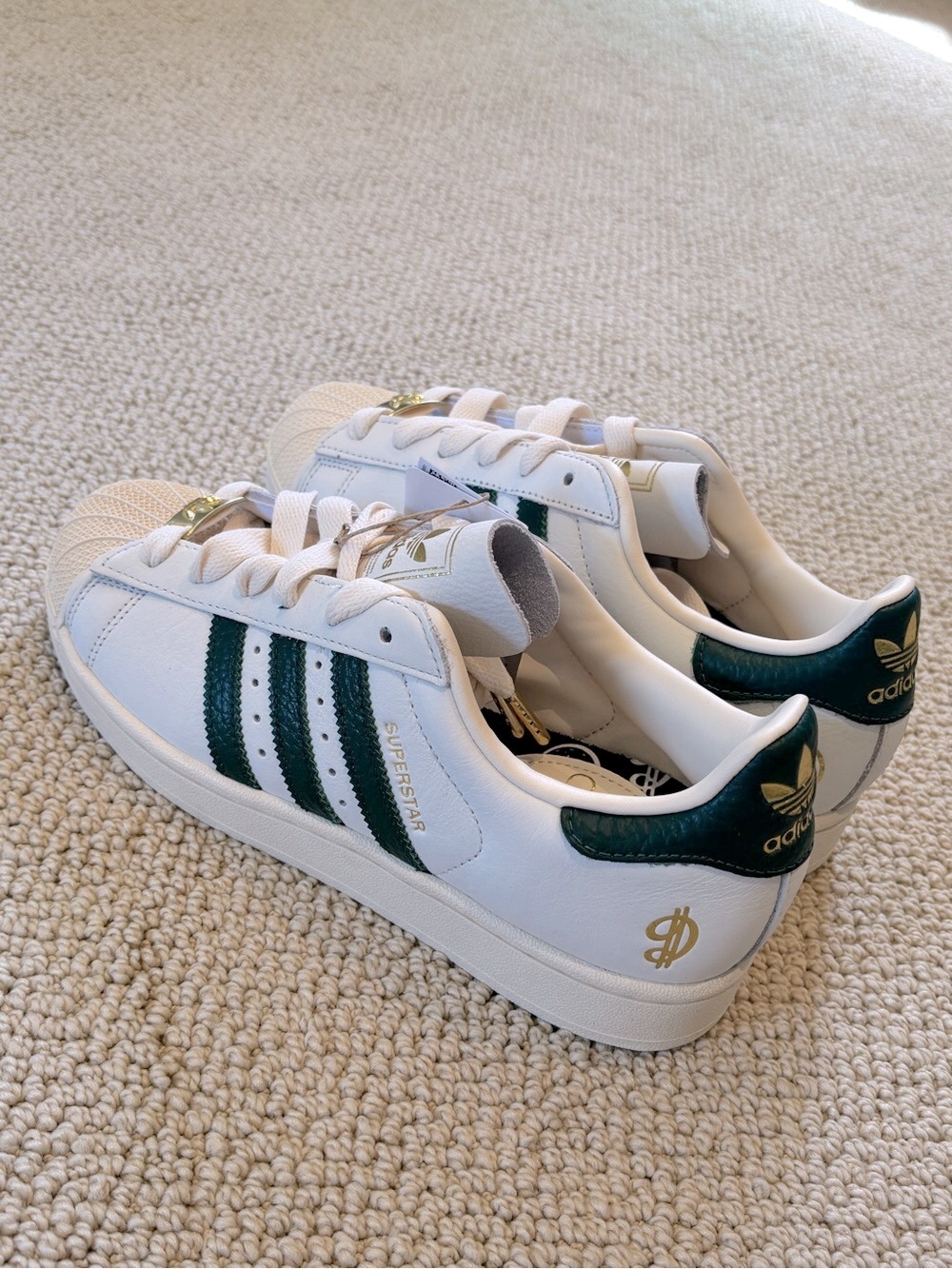 New adidas Superstar II Sneakers in White and Green with Gold Accents